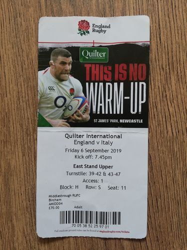 England v Italy Sept 2019 Used Rugby Ticket