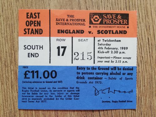 England v Scotland 1989 Used Rugby Ticket