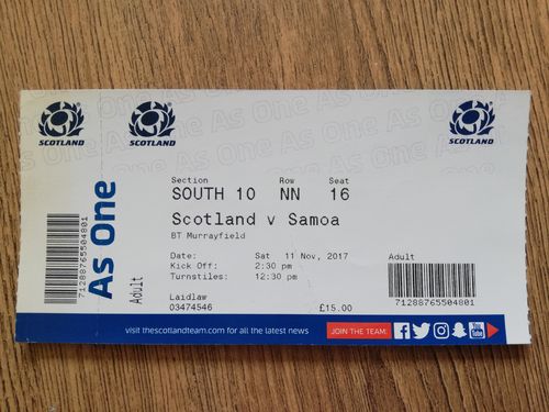 Scotland v Samoa Nov 2017 Used Rugby Ticket