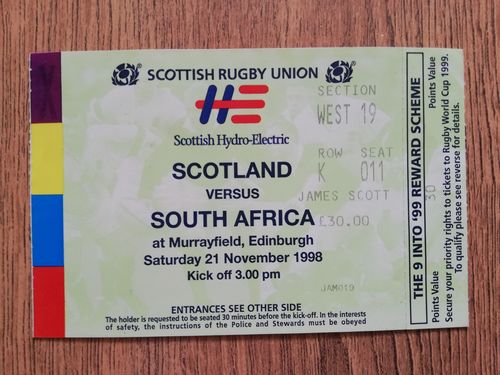 Scotland v South Africa Nov 1998 Used Rugby Ticket
