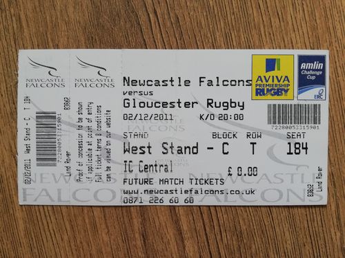 Newcastle Falcons v Gloucester Dec 2011 Used Rugby Ticket
