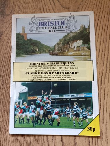 Bristol v Harlequins Nov 1988 Rugby Programme