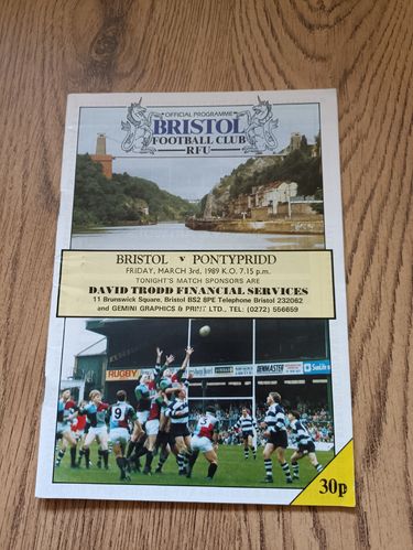 Bristol v Pontypridd Mar 1989 Rugby Programme