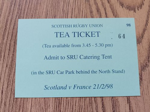 Scotland v France 1998 Rugby Hospitality Tea Ticket