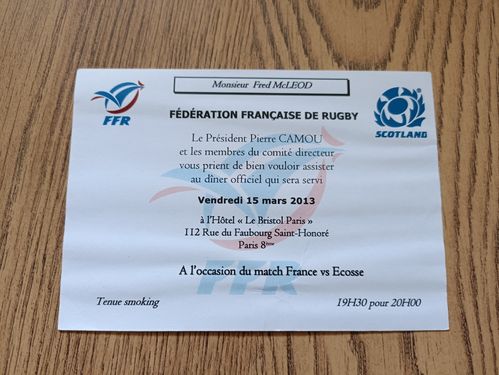 France v Scotland 2013 Pre-Match Rugby Dinner Invitation Card