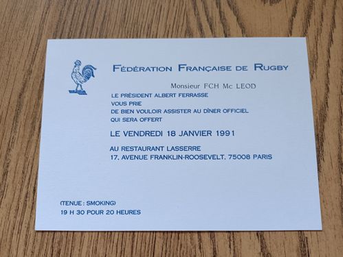 France v Scotland 1991 Pre-Match Rugby Dinner Invitation Card