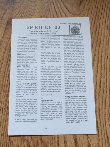 ' Spirit of '83 ' Nov 1998 Bristol Rugby Supporters' Club Newsletter