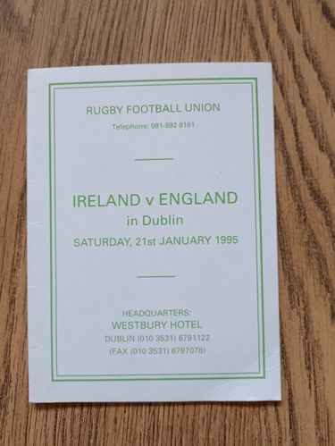 Ireland v England 1995 Rugby Itinerary Card