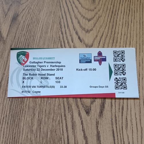 Leicester v Harlequins Dec 2018 Used Rugby Ticket