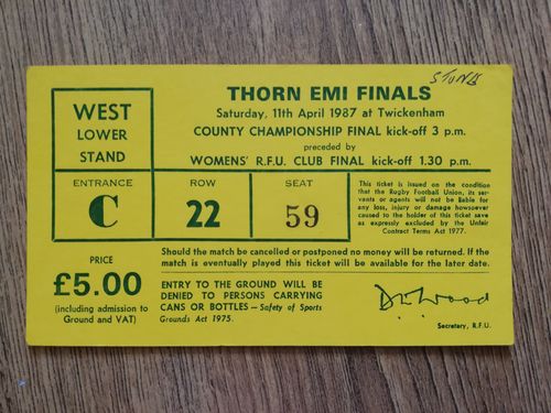Middlesex v Yorkshire 1987 County Championship Final Used Rugby Ticket