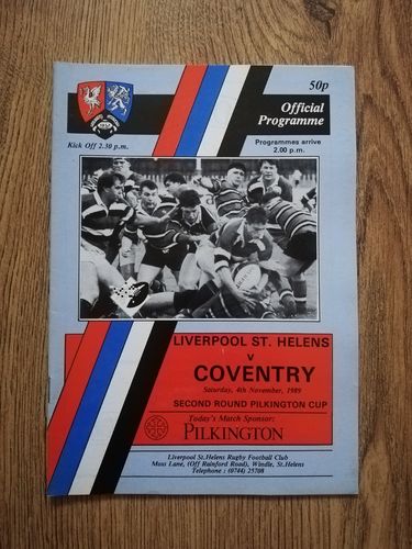 Liverpool St Helens v Coventry Nov 1989 Pilkington Cup Rugby Programme