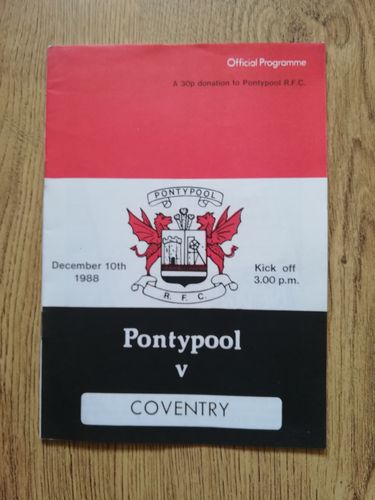 Pontypool v Coventry Dec 1988 Rugby Programme