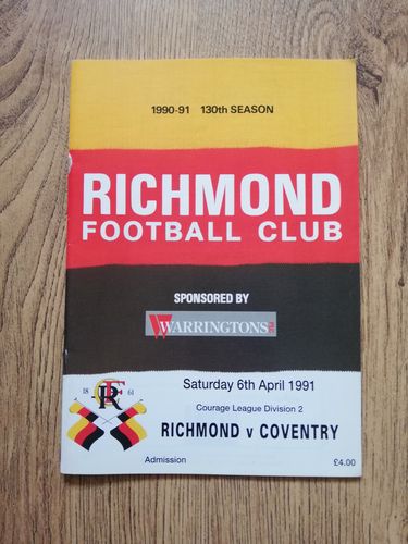 Richmond v Coventry April 1991 Rugby Programme