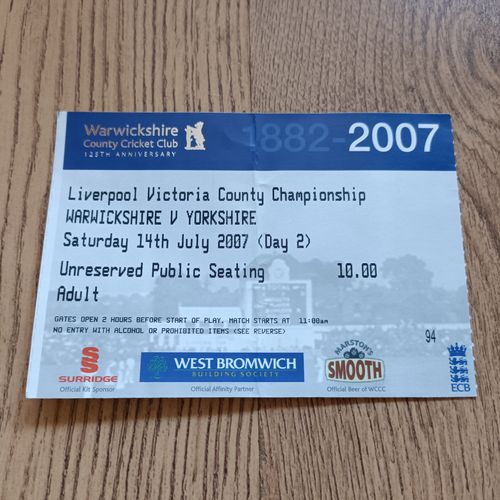Warwickshire v Yorkshire July 2007 Used County Championship Cricket Ticket
