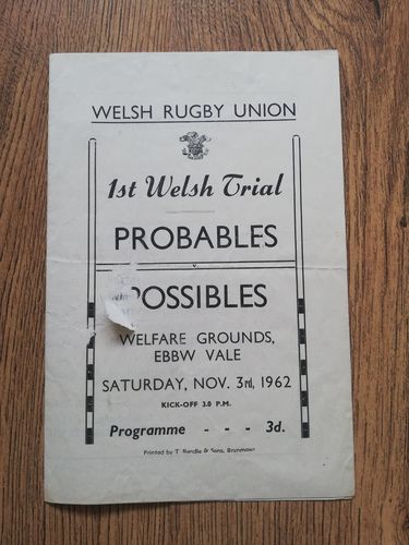 Probables v Possibles Nov 1962 1st Welsh Trial Rugby Programme