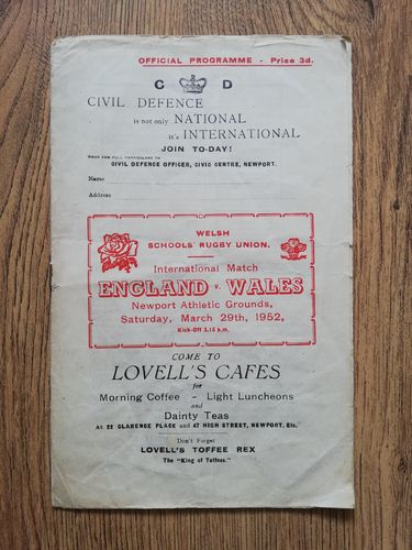 Wales Schools v England Schools Mar 1952 Rugby Programme