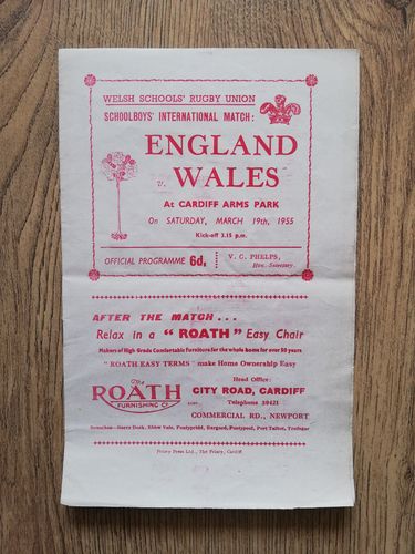 Wales Schools v England Schools March 1955 Rugby Programme
