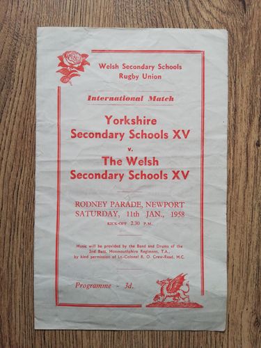 Welsh Secondary Schools v Yorkshire Secondary Schools Jan 1958 Rugby Programme