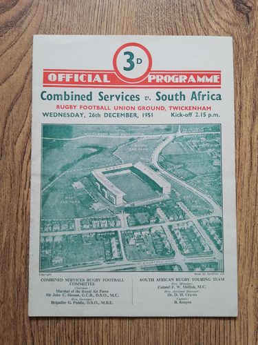 Combined Services v South Africa Dec 1951 Rugby Programme