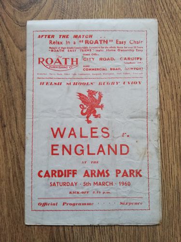 Wales Schools v England Schools March 1960 Rugby Programme