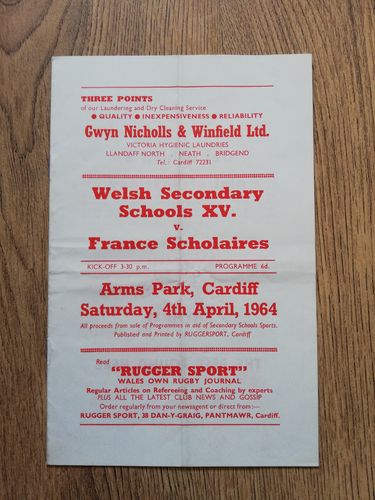 Welsh Secondary Schools v France Scholaires April 1964 Rugby Programme