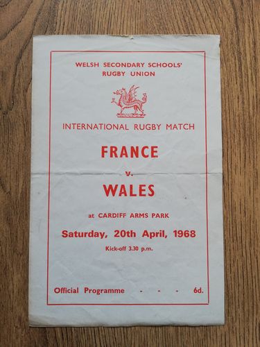 Wales Schools v France Schools April 1968 Rugby Programme