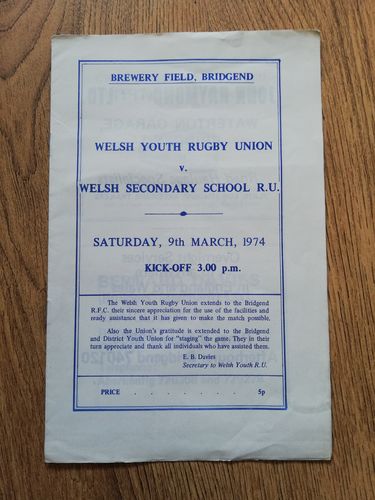 Welsh Youth v Welsh Secondary Schools March 1974 Rugby Programme