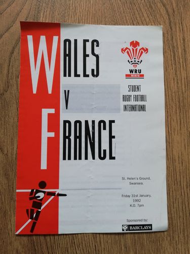 Wales Students v France Students Jan 1992 Rugby Programme