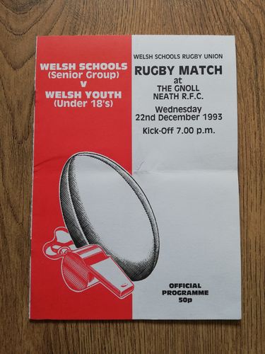 Welsh Schools (Senior Group) v Welsh Youth (U18) Dec 1993 Rugby Programme