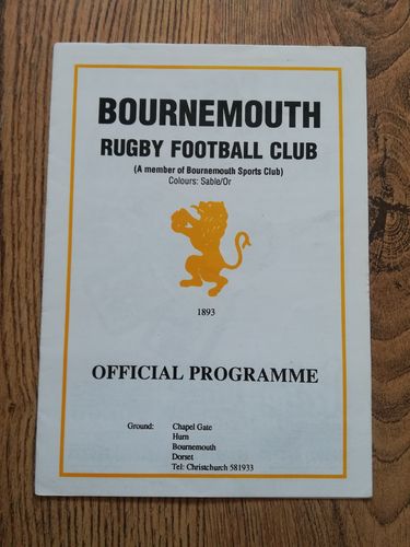 Bournemouth v Windsor Dec 1991 Rugby Programme