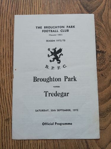Broughton Park v Tredegar Sept 1972 Rugby Programme