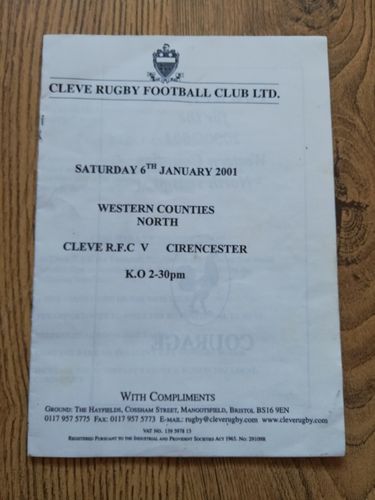 Cleve v Cirencester Jan 2001 Rugby Programme
