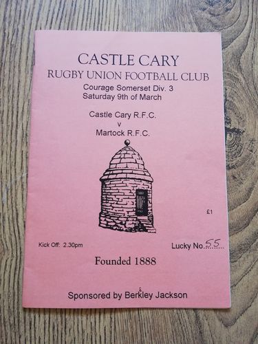 Castle Cary v Martock March 1996 Rugby Programme