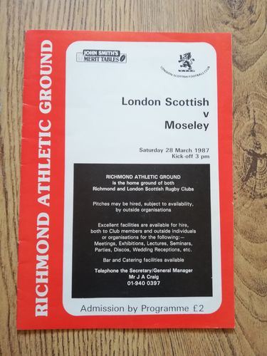 London Scottish v Moseley March 1987 Rugby Programme