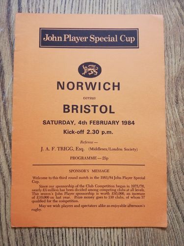 Norwich v Bristol Feb 1984 John Player Special Cup Rugby Programme