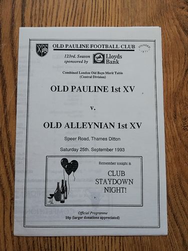 Old Pauline v Old Alleyian Sept 1993 Rugby Programme