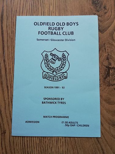 Oldfield Old Boys v Bridgwater & Albion 1992 Somerset Cup Q-Final Rugby Programme