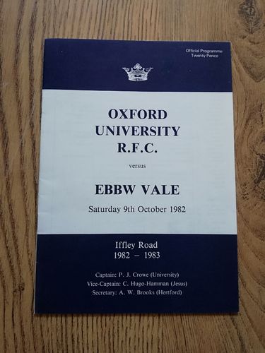 Oxford University v Ebbw Vale Oct 1982 Rugby Programme