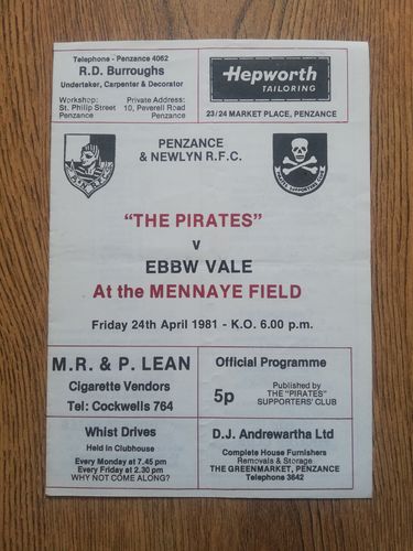 Penzance & Newlyn v Ebbw Vale April 1981 Rugby Programme
