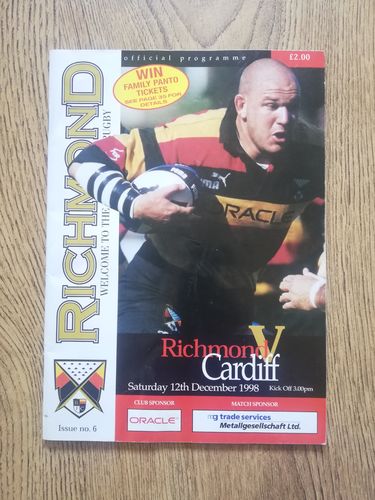 Richmond v Cardiff Dec 1998 Anglo-Welsh Challenge Rugby Programme