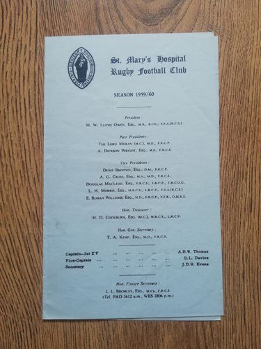 St Mary's Hospital v Bath Jan 1960 Rugby Programme