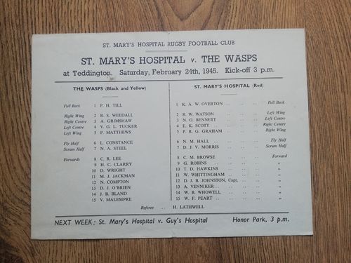 St Mary's Hospital v Wasps Feb 1945 Rugby Programme