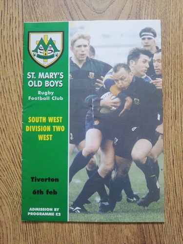 St Mary's Old Boys v Tiverton Feb 1999 Rugby Programme