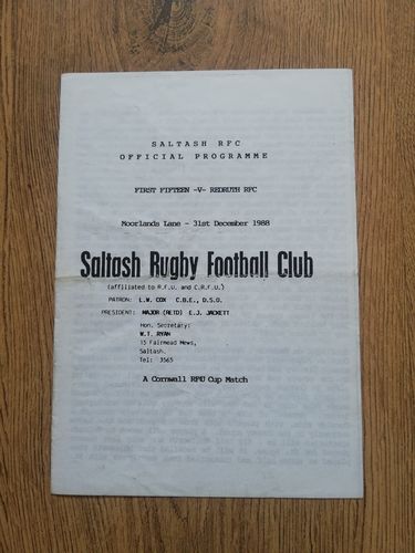 Saltash v Redruth Dec 1988 Cornwall Cup Rugby Programme