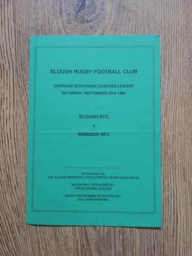 Slough v Windsor Sept 1989 Rugby Programme