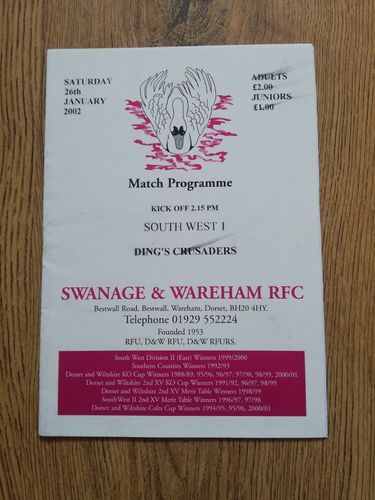 Swanage & Wareham v Ding's Crusaders Jan 2002 Rugby Programme