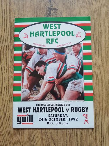 West Hartlepool v Rugby Oct 1992 Rugby Programme