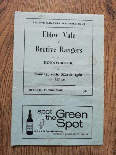 Bective Rangers v Ebbw Vale March 1968 Rugby Programme