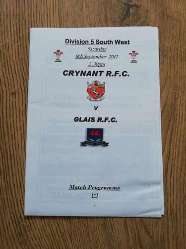 Crynant v Glais Sept 2012 Rugby Programme