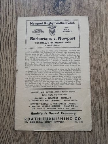 Newport v Barbarians March 1951